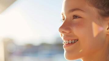 suspensórios em dentes lindo vermelho lábios e branco dentes com metal aparelho ortodôntico. uma garotas sorriso. foto