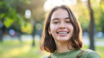 suspensórios em dentes lindo vermelho lábios e branco dentes com metal aparelho ortodôntico. uma garotas sorriso. foto