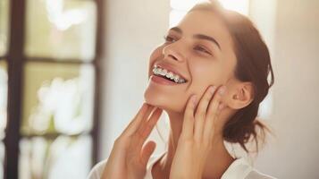 suspensórios em dentes lindo vermelho lábios e branco dentes com metal aparelho ortodôntico. uma garotas sorriso. foto