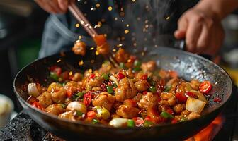 chefe de cozinha criando saudável vegetariano refeição, fechar-se foto