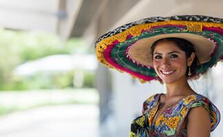 alegre mexicano senhora dentro tradicional vestir e chapéu foto