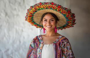 alegre mexicano senhora dentro tradicional vestir e chapéu foto