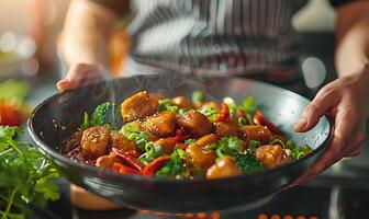 chefe de cozinha criando saudável vegetariano refeição, fechar-se foto