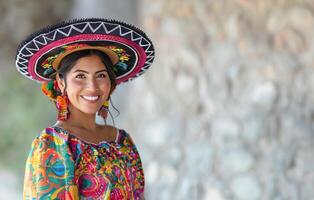 alegre mexicano senhora dentro tradicional vestir e chapéu foto