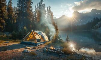 acampamento barraca com cúpula, caloroso sol, beira do lago entre montanhas foto