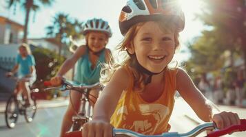 feliz crianças passeio bicicletas em uma ensolarado rua, tendo Diversão em uma bicicletas. a conceito do uma feliz infância, crianças dia. foto