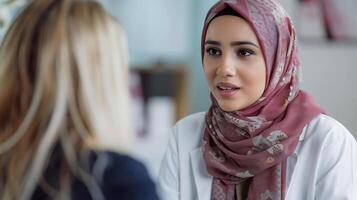 uma muçulmano mulher médico dentro uma hijab, falando para uma paciente. fechar-se retrato. a conceito do medicamento, mental saúde, diversidade. fundo com uma bokeh efeito. foto