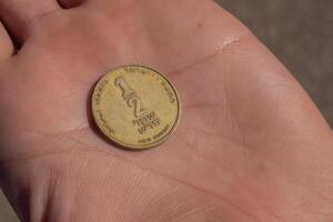 moderno israelense moeda dentro a mão. 0,5 siquel. Alto qualidade foto