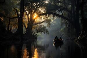 pescador dentro a barco às nascer do sol dentro a enevoado floresta. foto