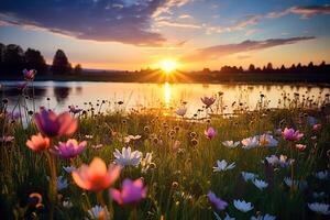lindo verão panorama com colorida flores e uma pôr do sol sobre a lago. generativo ai foto