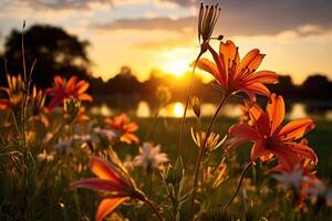 laranja lírios dentro a campo às pôr do sol. lindo verão panorama. foto