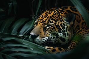 jaguar em repouso entre exuberante verde folhagem. foto