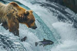 grisalho Urso Caçando salmão dentro selvagem rio. foto