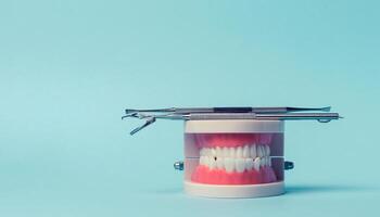 plástico modelo do humano mandíbula com branco até dentes e uma médico exame espelho, pinças em uma azul fundo, foto