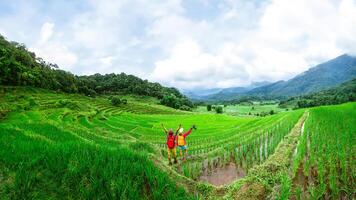 amante ásia homens ásia mulheres viagem natureza viagem relaxar caminhando uma foto em a arroz campo dentro chuvoso estação dentro Chiang maio, Tailândia