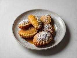 caseiro casca rija pastelaria biscoitos com açúcar pó em uma prato foto