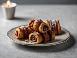 saboroso canela rolos com açúcar pó em cinzento mesa, fechar-se foto