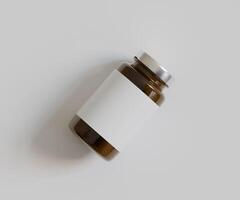 âmbar pílulas Castanho garrafa 3d Renderização branco rótulo em branco fundo foto