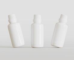 branco em branco garrafa para remédio ou beleza produtos em branco fundo, cópia de espaço. esvaziar espaço. minimalismo. 3d Renderização foto