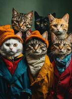 uma grupo do gatos vestindo jaquetas com a palavra gato em eles foto