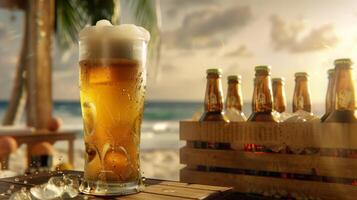 vidro do Cerveja com gelo cubos em de madeira mesa em tropical de praia às pôr do sol foto