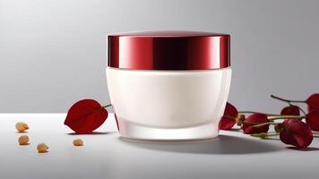 elegante anti-rugas face creme dentro luxuoso jarra com vibrante vermelho acentos e botânico fundo foto