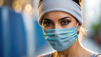 fechar-se retrato do uma mulher vestindo uma médico face mascarar ao ar livre durante dourado hora foto