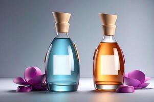 contemporâneo fragrância garrafa conjunto com de madeira cápsulas e roxa floral acentos - luxo perfume brincar para branding e elegância apresentação foto