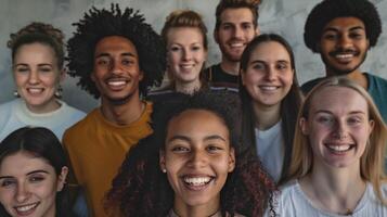 uma diverso grupo do jovem adultos sorridente olhando foto