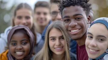 uma diverso grupo do jovem adultos sorridente olhando foto