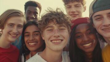 uma diverso grupo do jovem adultos sorridente olhando foto