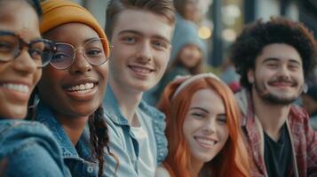 uma diverso grupo do jovem adultos sorridente olhando foto