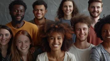 uma diverso grupo do jovem adultos sorridente olhando foto