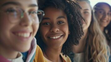 uma diverso grupo do jovem adultos sorridente olhando foto