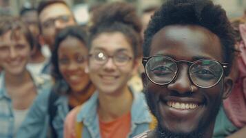 uma diverso grupo do jovem adultos sorridente olhando foto