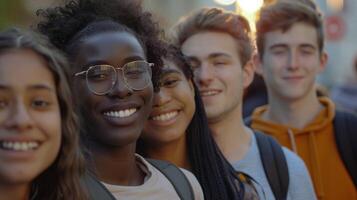 uma diverso grupo do jovem adultos sorridente olhando foto