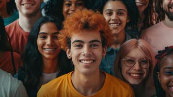 uma diverso grupo do jovem adultos sorridente olhando foto