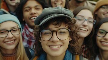 uma diverso grupo do jovem adultos sorridente olhando foto