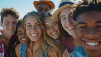 uma diverso grupo do jovem adultos sorridente olhando foto