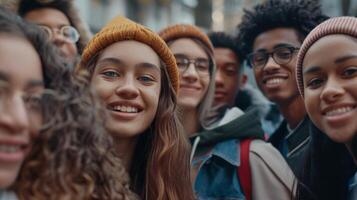 uma diverso grupo do jovem adultos sorridente olhando foto