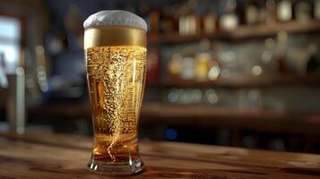 uma espumoso Cerveja dentro uma ouro cerveja vidro foto
