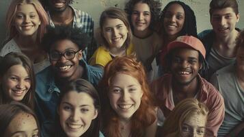 uma diverso grupo do jovem adultos sorridente olhando foto