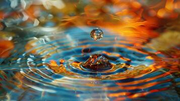 uma gotícula cai refletindo onda padrões em água foto