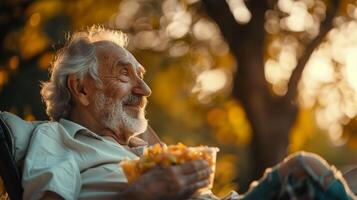 uma alegre Senior homem desfrutando aposentadoria sentado foto