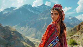 uma majestoso mulher dentro tradicional roupas foto