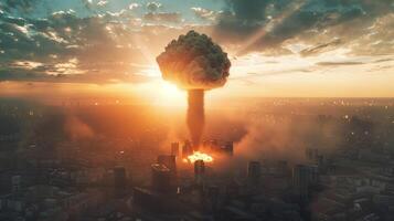 uma moderno nuclear bombear explosão sobre uma pequeno cidade foto