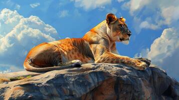 uma pintura do uma leoa em uma Rocha foto