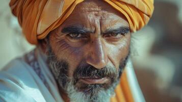 uma sério homem com uma turbante olhando às Câmera foto