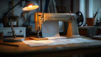 uma de costura máquina em uma escrivaninha com uma peça do papel foto