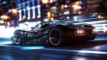 uma brilhante Esportes carro velocidades através a noite combustível foto